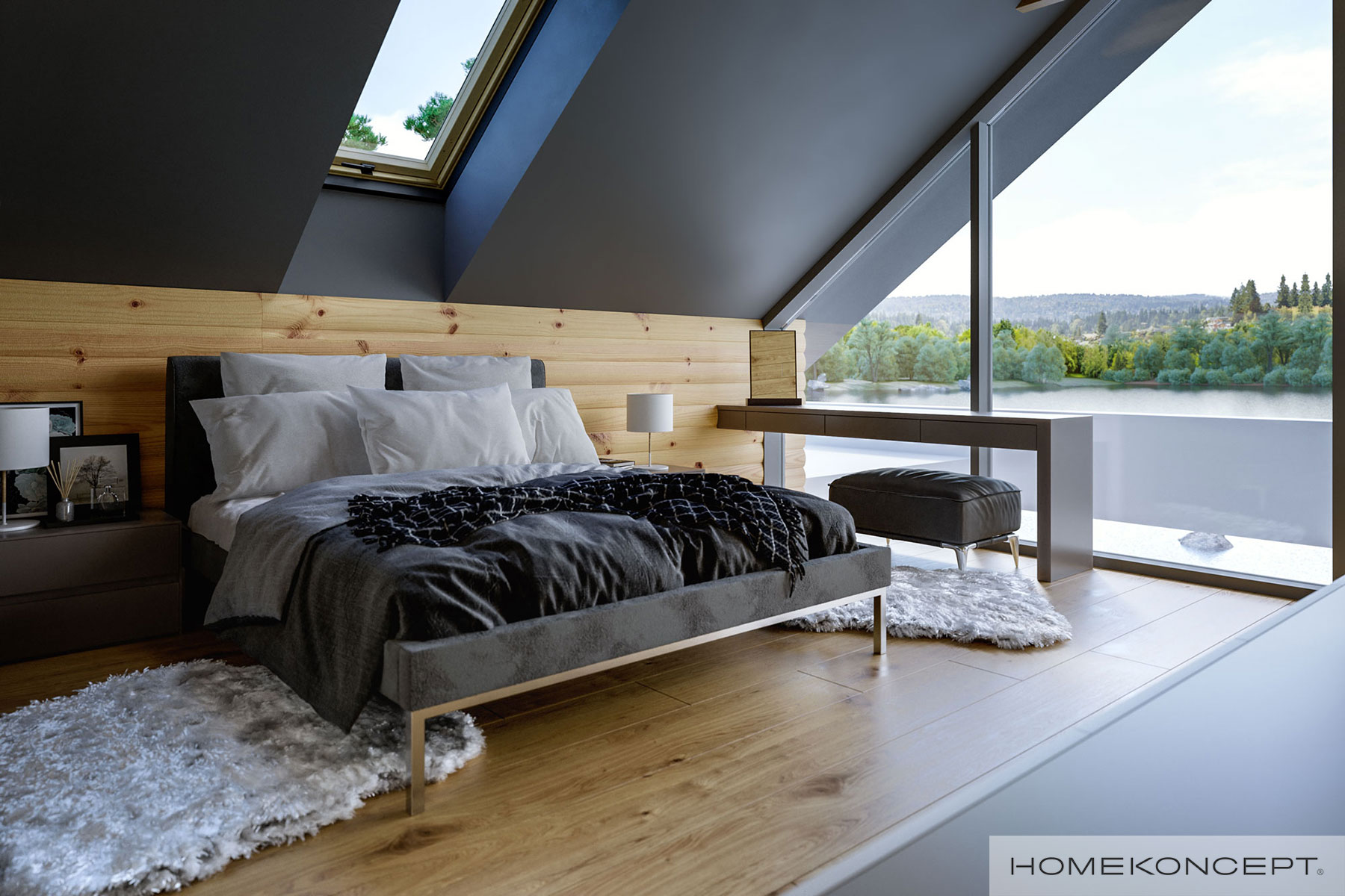 Aranżacja nowoczesnej i przytulnej sypialni małżeńskiej w gotowym projekcie domu HomeKONCEPT 66