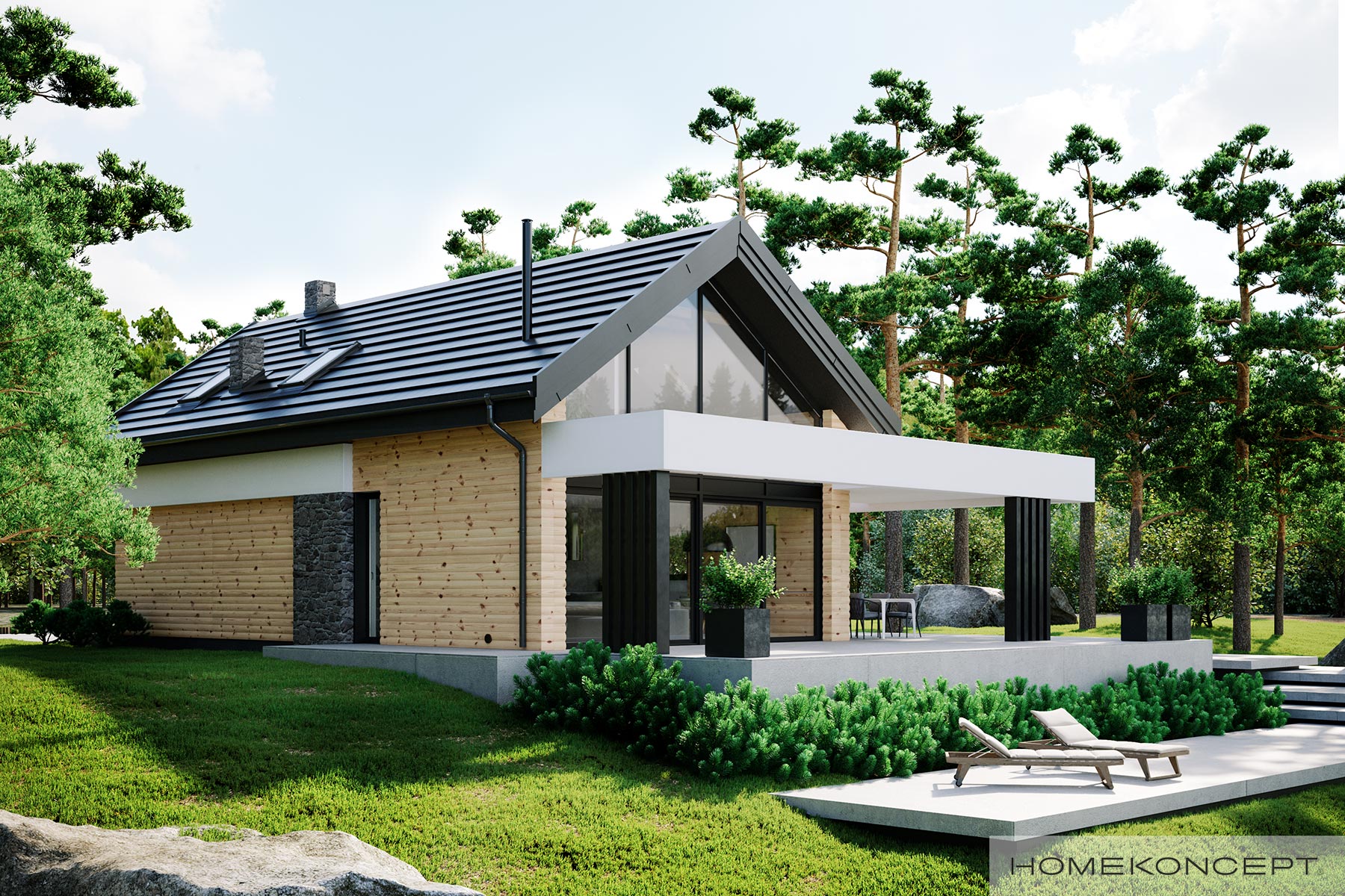 Nowoczesny dom z poddaszem użytkowym – gotowy projekt HOMEKONCEPT 66 z naturalną elewacją