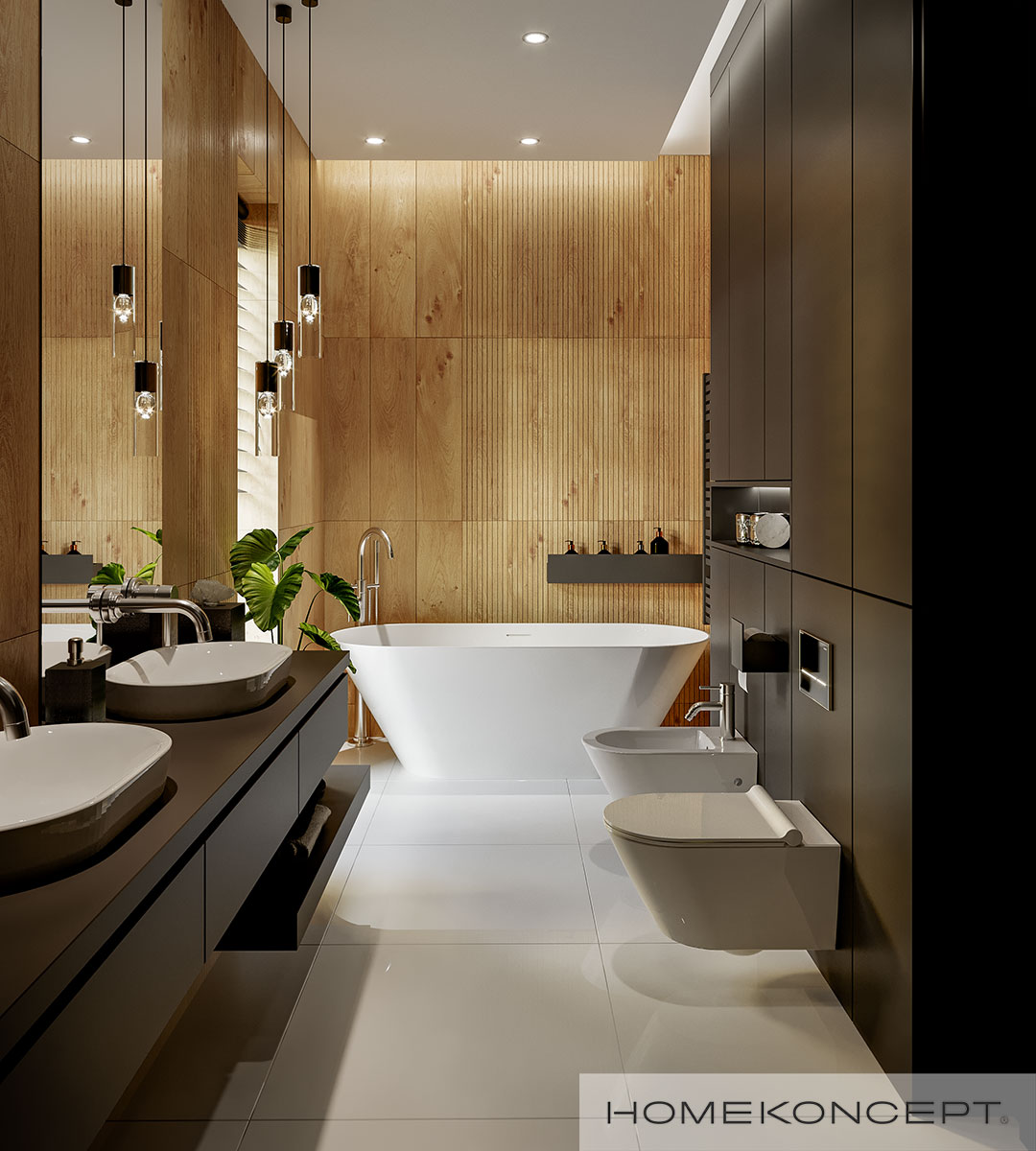 Prywatna łazienka przy sypialni w domu parterowym z drewnopodobnymi płytkami i wanną wolnostojącą - HOMEKONCEPT 69