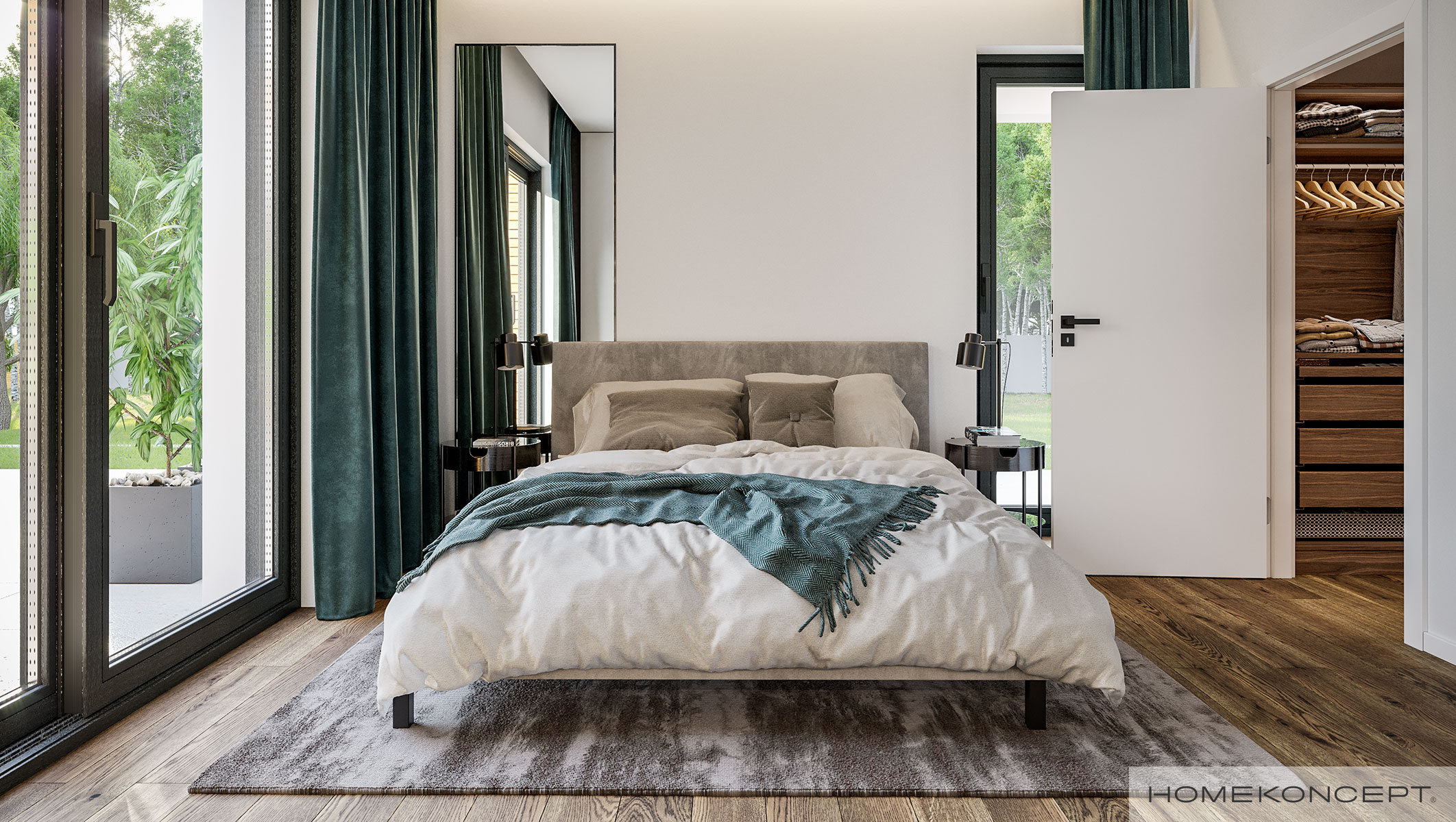 Sypialnia z własną garderobą i łazienką w projekcie HOMEKONCEPT 73 – modny dom z master bedroom