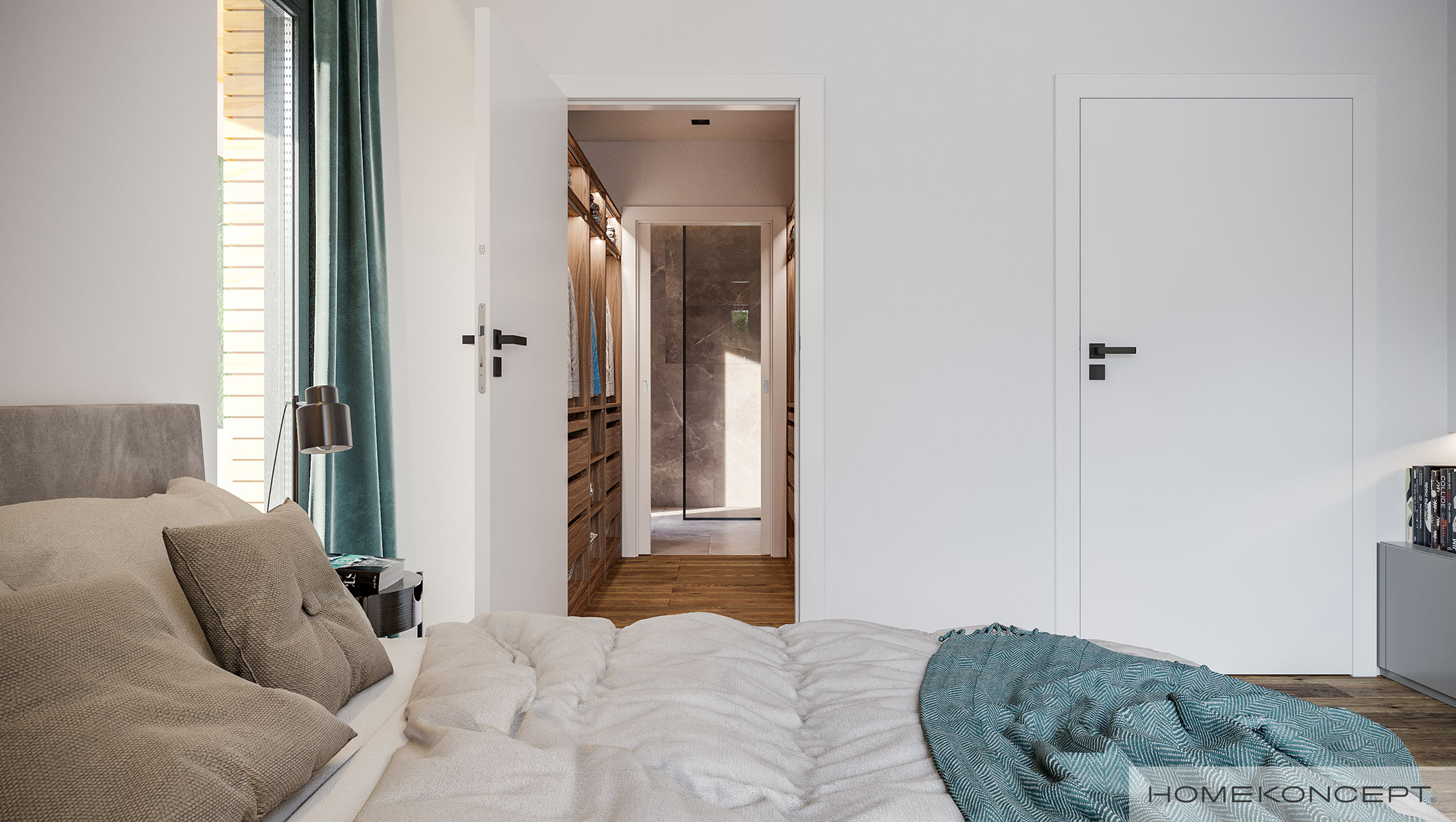 Nowoczesna aranżacja w jasnych kolorach – nastrojowe master bedroom z gotowego projektu domu HOMEKONCEPT 73