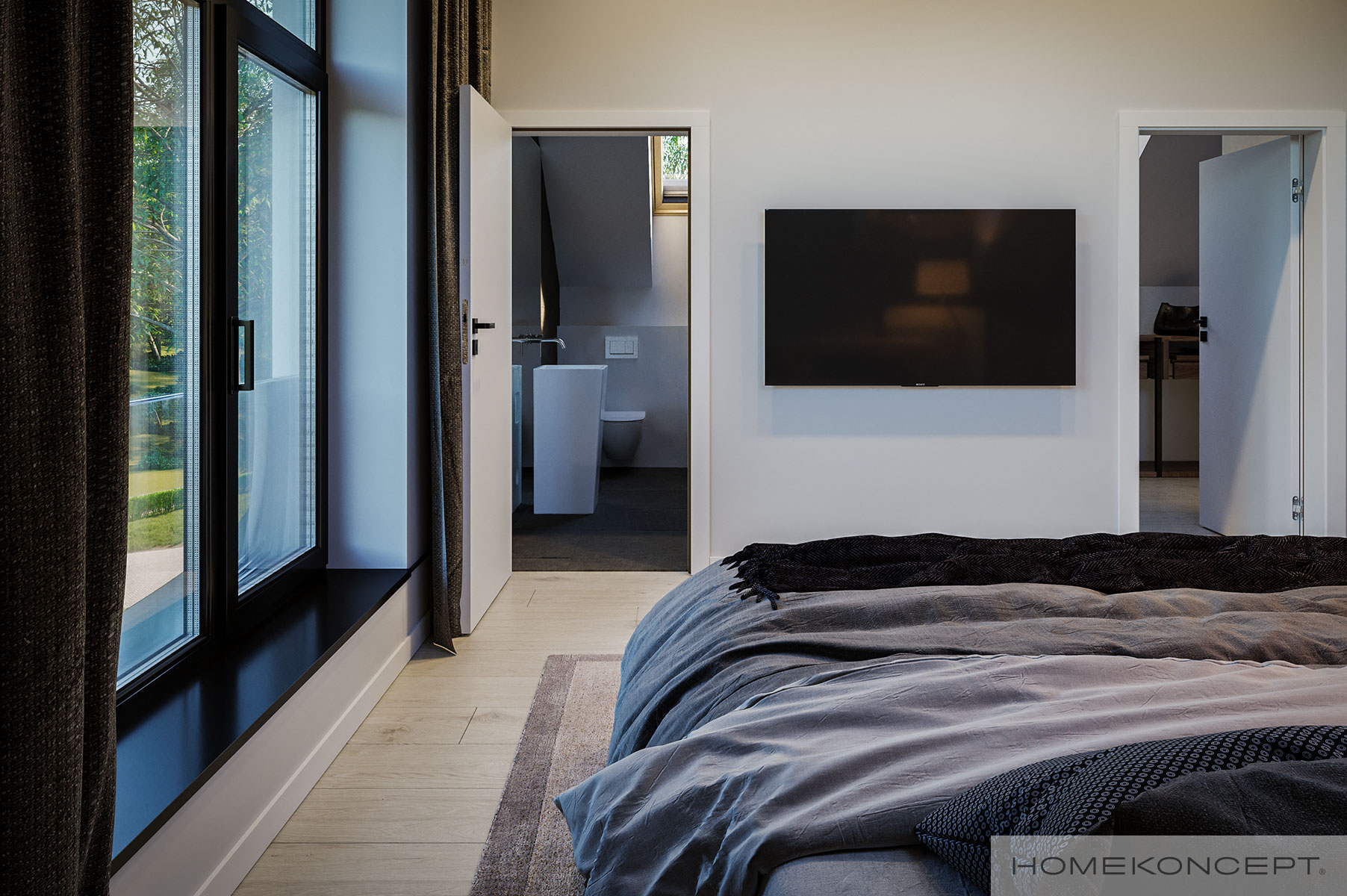 Sypialnia małżeńska master bedroom w nowoczesnym projekcie z poddaszem użytkowym HOMEKONCEPT 77