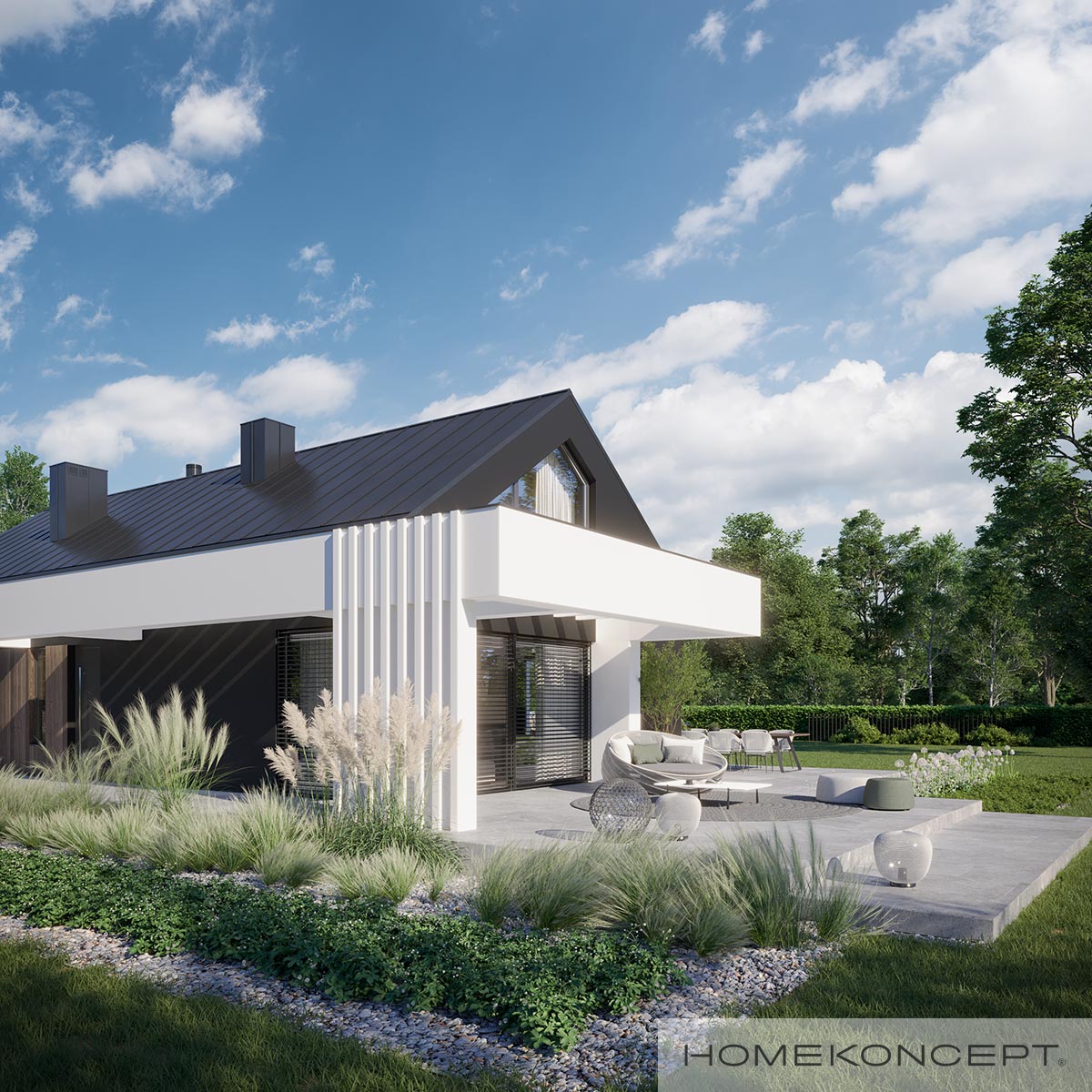 Projekt nowoczesnego domu z dachem bezokapowym i białym belkowaniem HOMEKONCEPT 81 – jak ustawić dom na działce