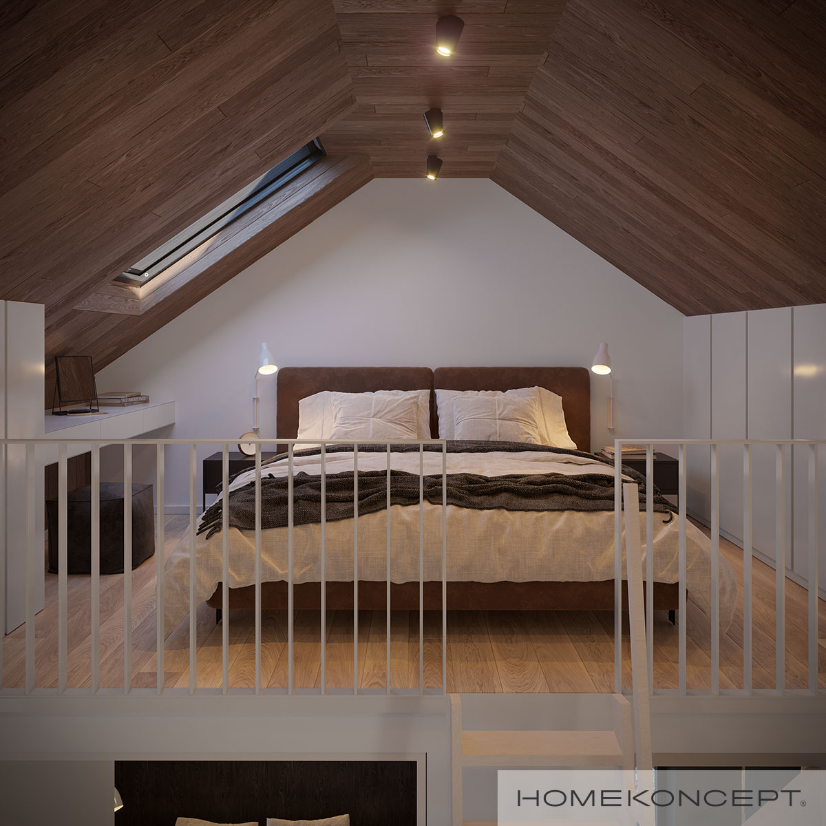 Sypialnia na poddaszu z drewnianym sufitem - styl rustykalny w domu letniskowym HOMEKONCEPT 85 DL