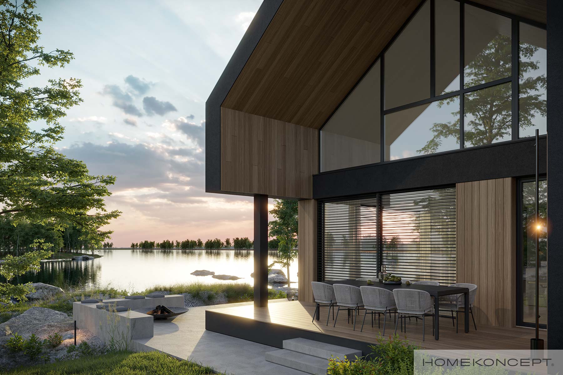 Zadaszony taras w nowoczesnym projekcie domu z widokiem na jezioro - HOMEKONCEPT 89
