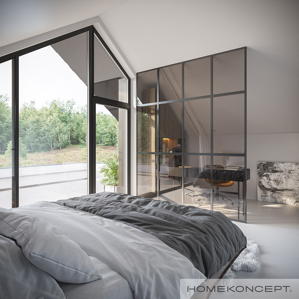 Duże przeszklenia i loftowa ścianka - industrialny akcent w nowoczesnym projekcie domu HOMEKONCEPT 91