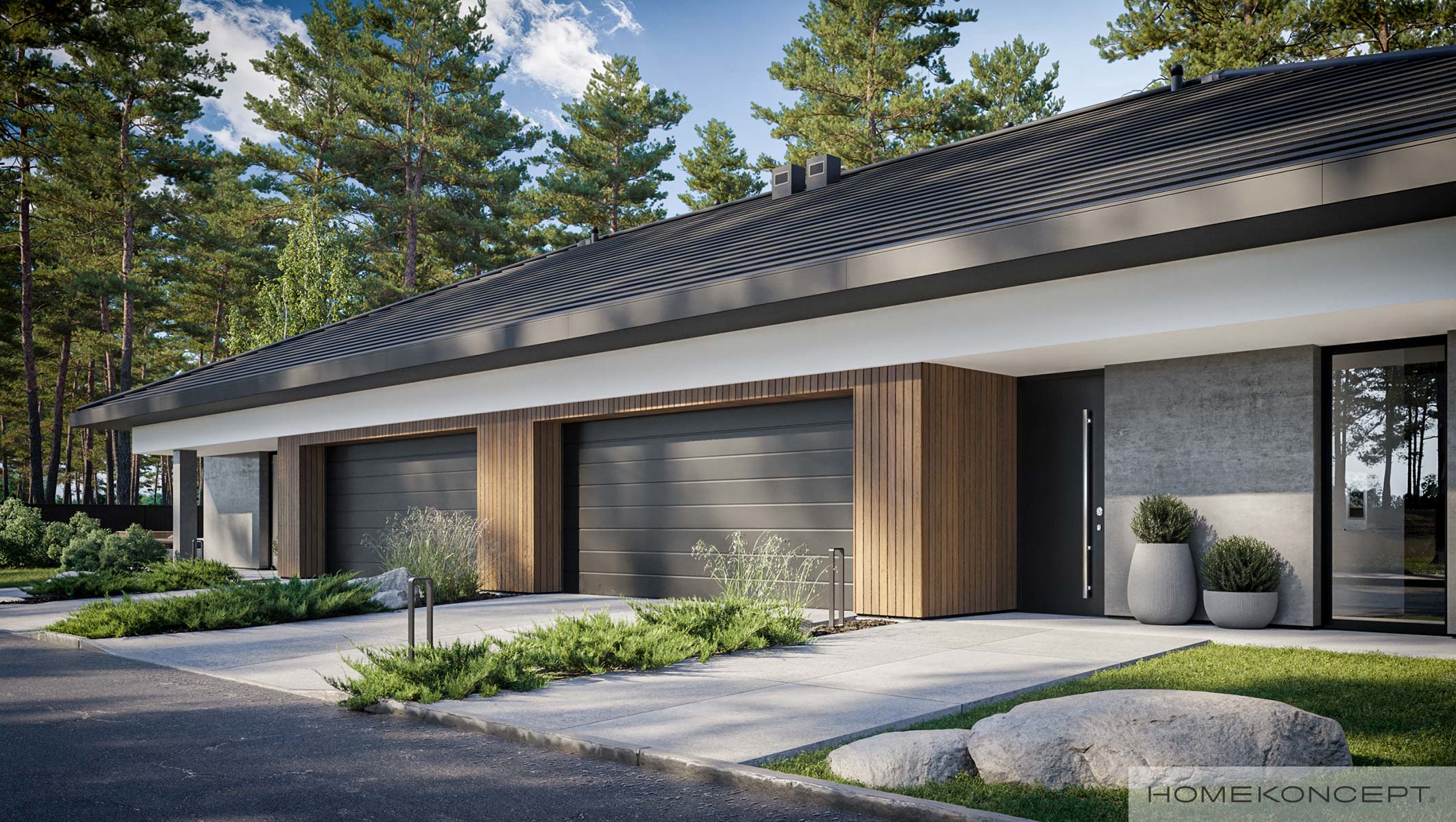 Projekt domów bliźniaczych homekoncept 97 b g2 - widok na strefę wejściową i wjazd do garażu.