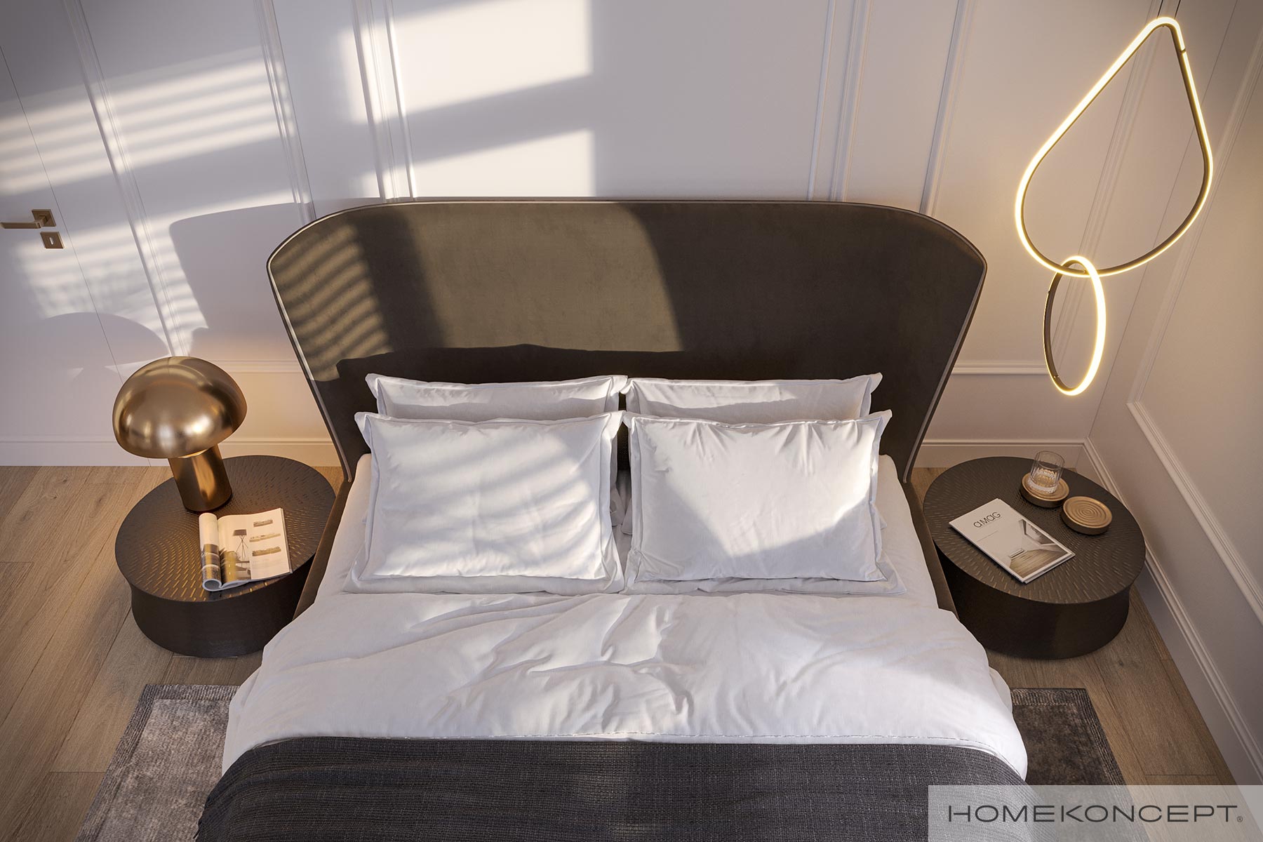 Sypialnia z oryginalnym oświetleniem i łóżkiem z tapicerowanym zagłówkiem - HOMEKONCEPT New House 701