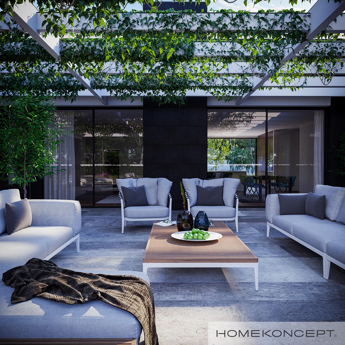Taras z roślinnością w nowoczesnym ogrodzie gotowego projektu domu HOMEKONCEPT New House 718