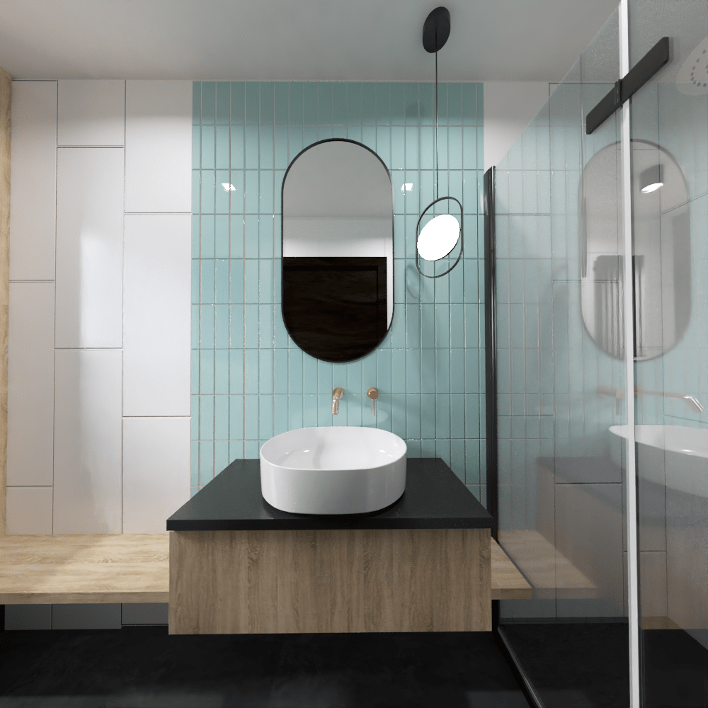 Nowoczesna łazienka z niebieskimi płytkami – pomoc architekta wnętrz