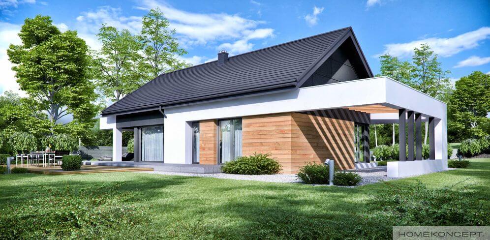 Nowoczesny projekt domu homekoncept 44 - widok na elewację ogrodową i wiatę garażową.
