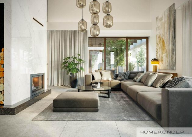 Projekt domu 200 m2 homekoncept 13 en - widok na kominek w salonie.