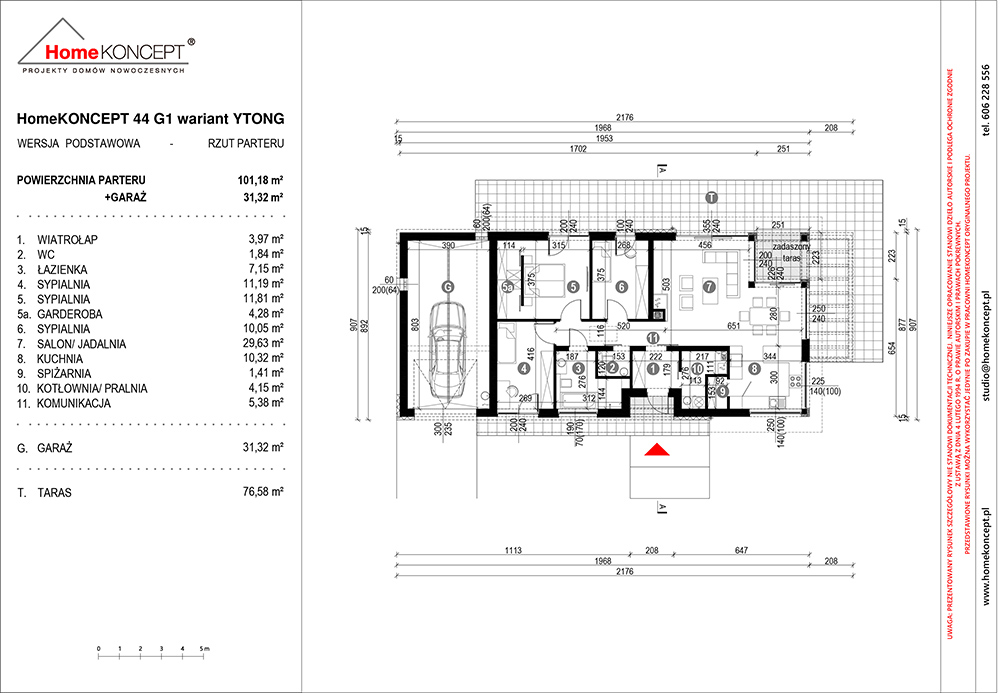 Układ parteru w projekcie domu na wąską działkę HOMEKONCEPT 44 G1 wariant YTONG