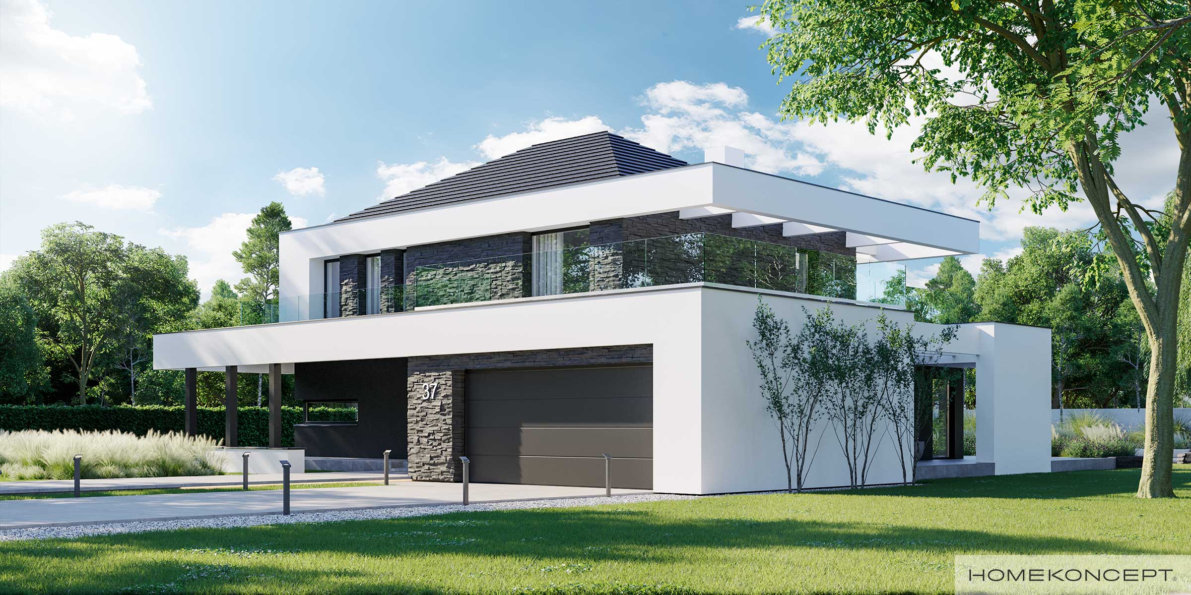 Projekt domu HomeKONCEPT 37 – Elewacja frontowa pokryta kamieniem naturalnym