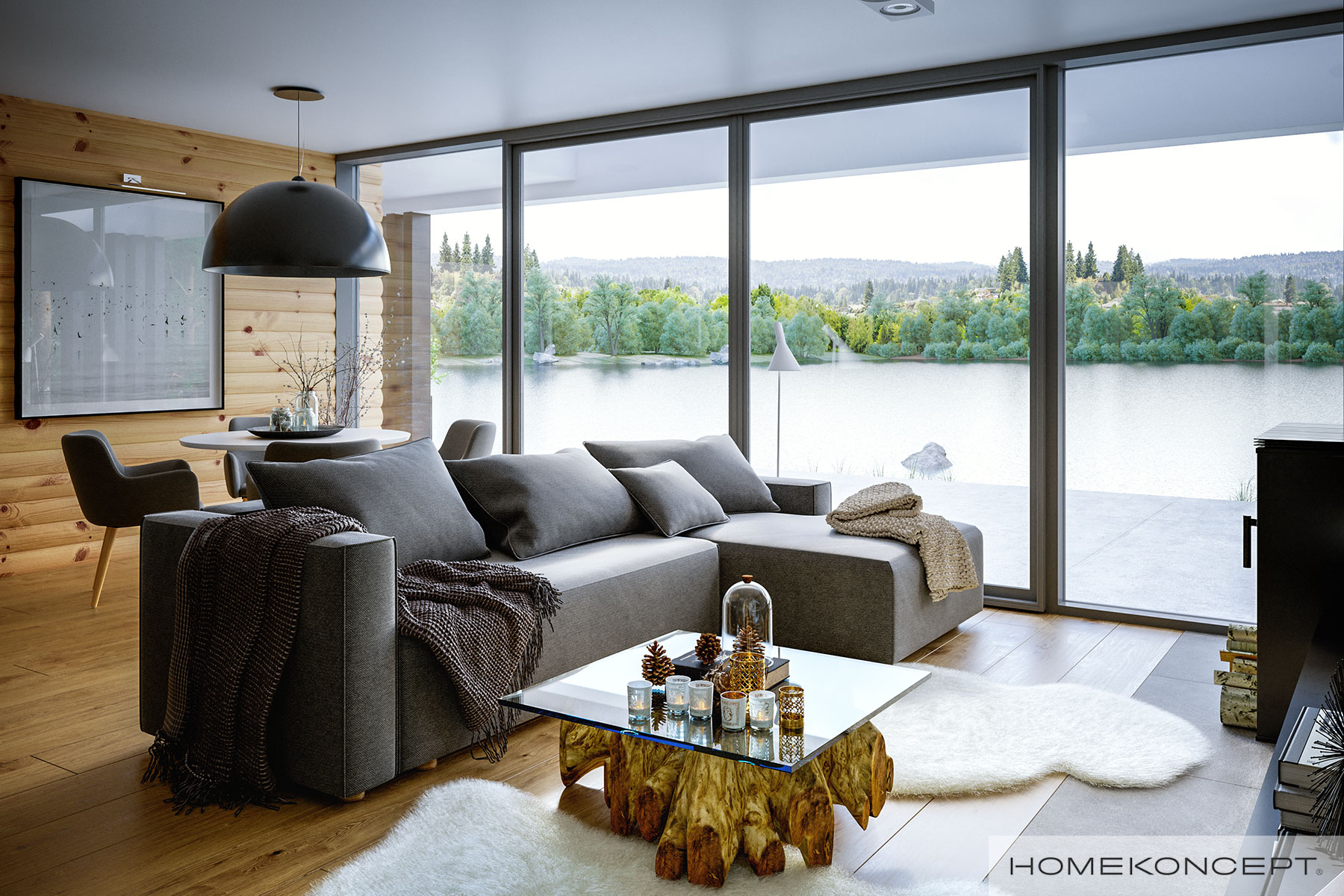 Nowoczesny salon z naturalnymi dodatkami w gotowym projekcie domu HomeKONCEPT 66