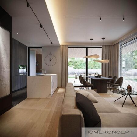 Projekt domu parterowego homekoncept 106 - widok na kuchnię z jadalnią.
