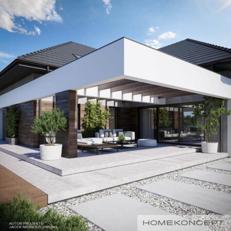 Projekt domu nowoczesnego homekoncept 28 wariant 01 - widok na taras i meble ogrodowe.