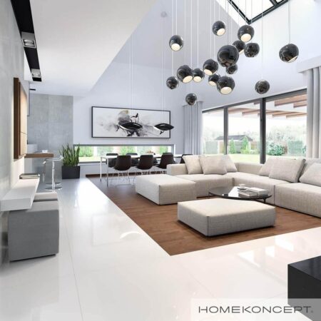 Projekt domu 300 m2 homekoncept 28 wariant 02 - widok na strefę dzienną.