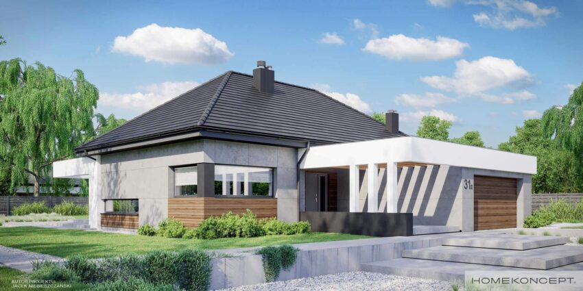Projekt domu parterowego homekoncept 31 wariant 02 - widok na czterospadowy dach i efektowną elewację.