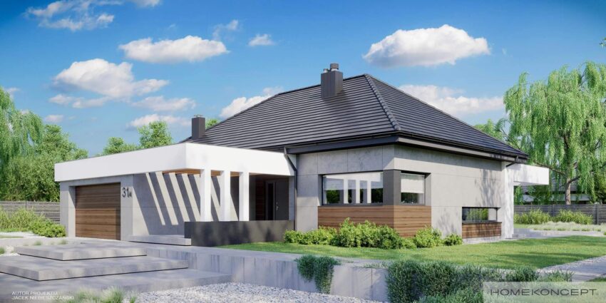 Gotowy projekt domu homekoncept 31 wariant 04 - ozdobne białe belkowanie w domu parterowym.