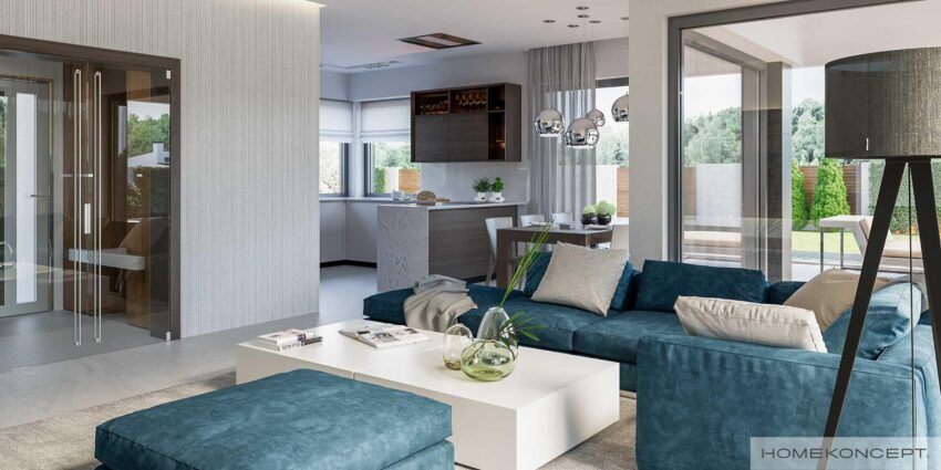 Projekt wnętrza domu homekoncept 38 - salon zaaranżowany w kolorze niebieskim.