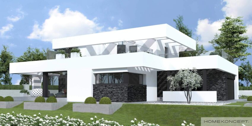 Projekt domu piętrowego z garażem homekoncept 41 - dach płaski nad piętrem.