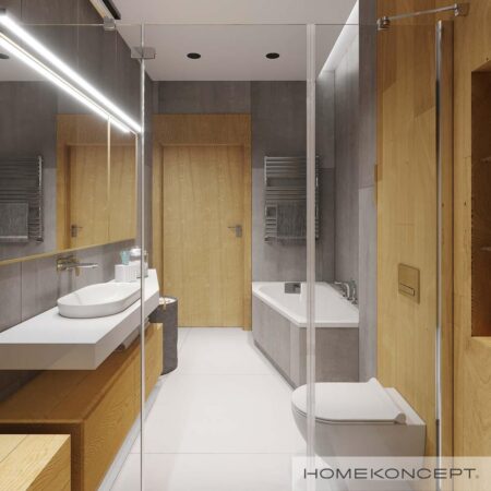 Projekt domu z tarasem homekoncept 45 - widok łazienki z elementami drewnianymi.