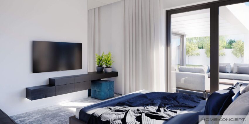 Projekt domu parterowego homekoncept 58 - widok telewizora w sypialni.