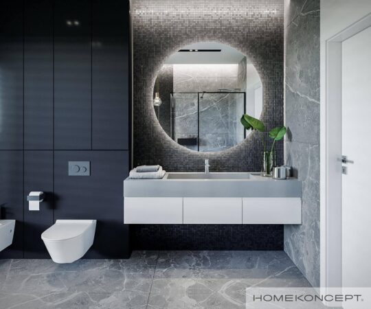 Projekt domu parterowego homekoncept 68 - widok na podświetlane lustro w łazience.