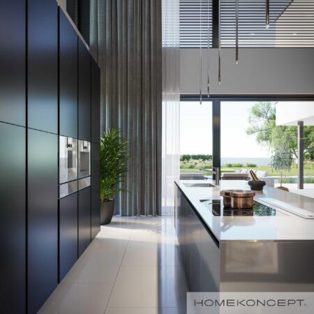 Dom 300m2 homekoncept 74 - widok na elegancką kuchnię z widokiem na ogród.