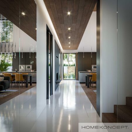 Dom 300m2 homekoncept 74 - widok na długi korytarz z oknem.