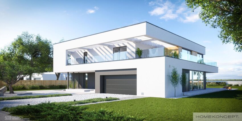 Dom 300m2 homekoncept 74 - widok bryły z płaskim dachem.