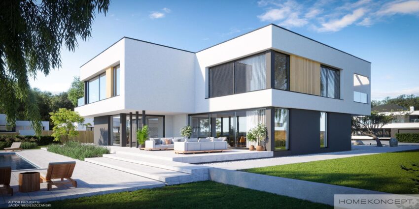 Dom 300m2 homekoncept 74 - widok elewacji z jasnego tynku i drewna.