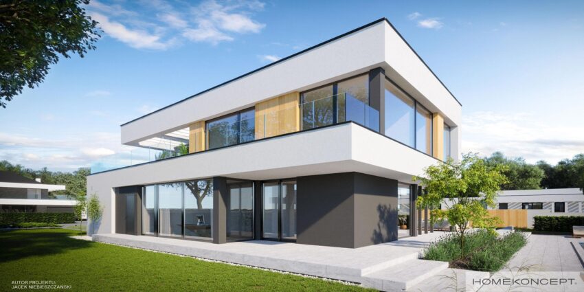 Projekt domu piętrowego homekoncept 74 - widok na nowoczesne belkowanie wokół domu.