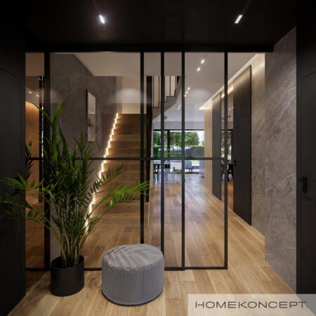 Szklana ścianka w stylu loftowym w projekcie wnętrza domu HOMEKONCEPT 79