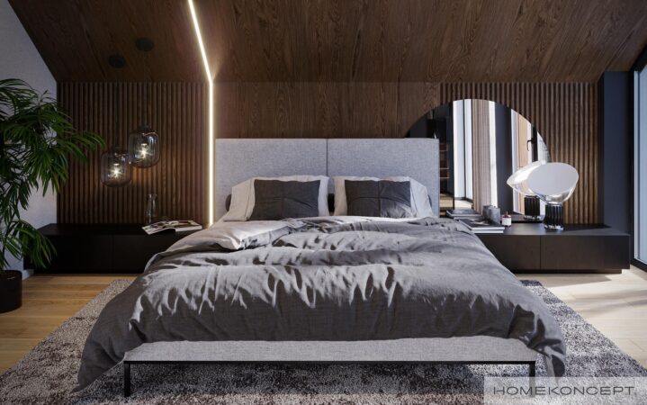 Nowoczesna aranżacja sypialni z drewnem, okrągłym lustrem i naturalnymi detalami – projekt HOMEKONCEPT 79