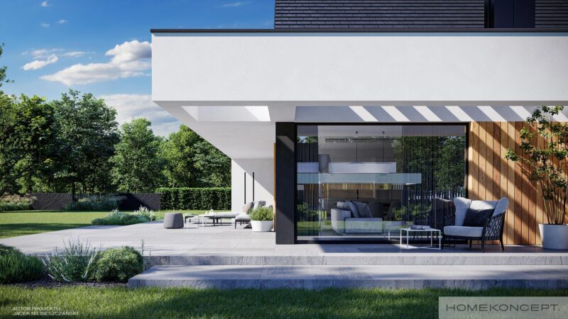 Nowoczesny taras skryty pod dekoracyjnym belkowaniem – gotowy projekt domu HOMEKONCEPT 79