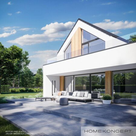 Przestronny taras w nowoczesnym projekcie domu z dużymi oknami – gotowy projekt domu z poddaszem HOMEKONCEPT 79