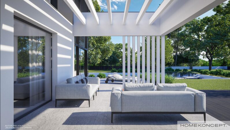 Dom piętrowy homekoncept 83 - atrakcyjna pergola nad nowoczesnym tarasem.