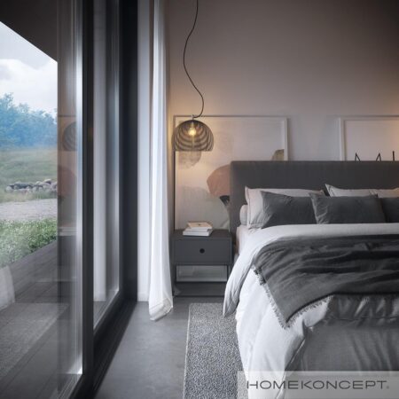 Dom nowoczesny homekoncept 86 - designerska sypialnia z minimalistycznym wyposażeniem.