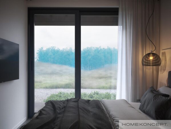 Dom parterowy homekoncept 86 - panoramiczne przeszklenie w sypialni dla dwojga – romantyczne wnętrze.