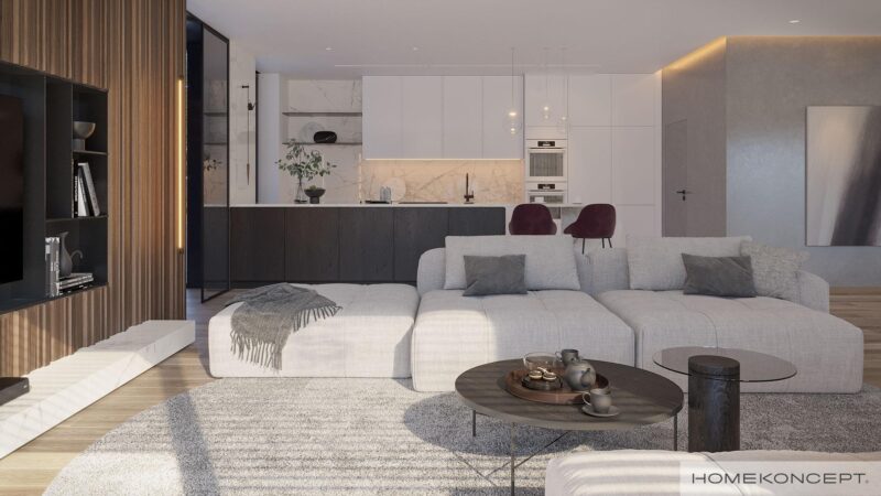 Przestronna strefa dzienna z designerskim wyposażeniem – gotowy projekt domu parterowego HOMEKONCEPT 90