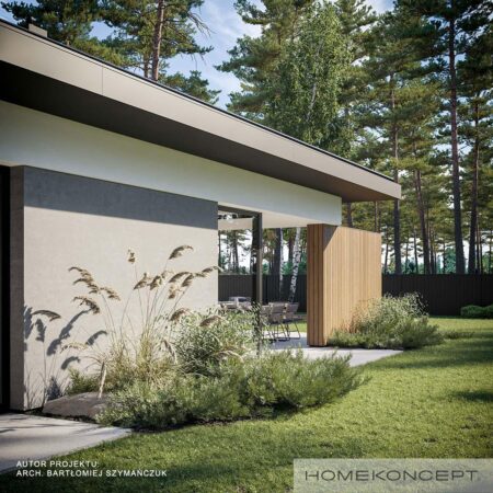 Projekt bliźniaka homekoncept 97 b g2 - widok na ozdobną ściankę z drewna oddzielającą taras od frontu.