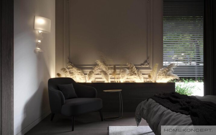 Projekt domu 130 m2 homekoncept 97 ytong - widok na ozdobny fotel w sypialni.