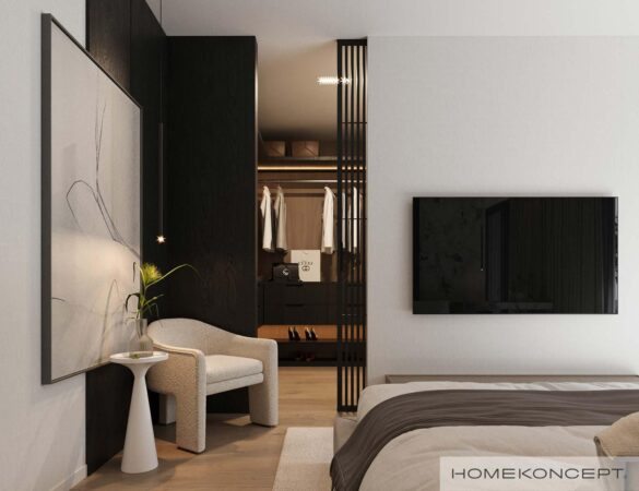 Projekt domu parterowego homekoncept 125 - widok na sypialnię z garderobą.
