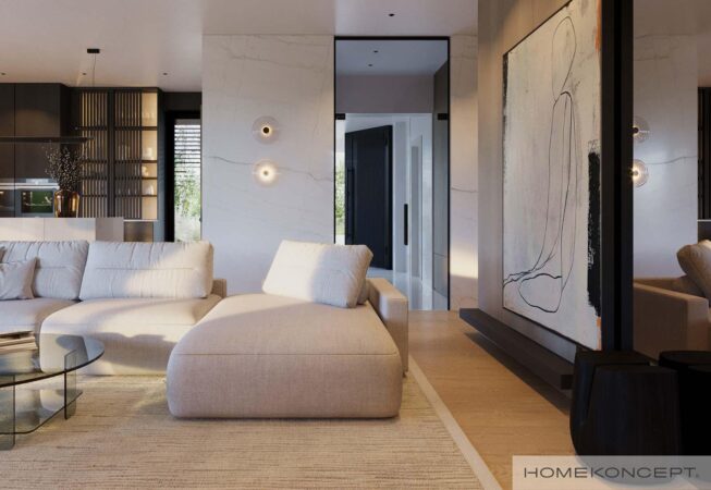 Projekt domu 130m2 homekoncept 133 - duży salon z kuchnią i jadalnią.