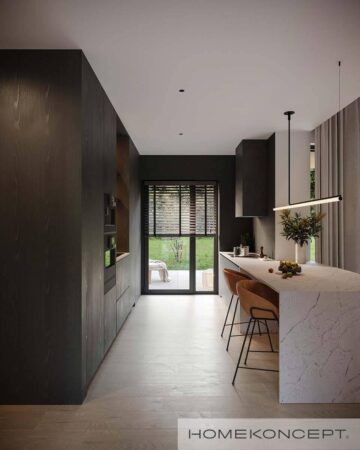 Projekt domu 130m2 homekoncept 118 - widok kuchni w ciemnej kolorystyce.
