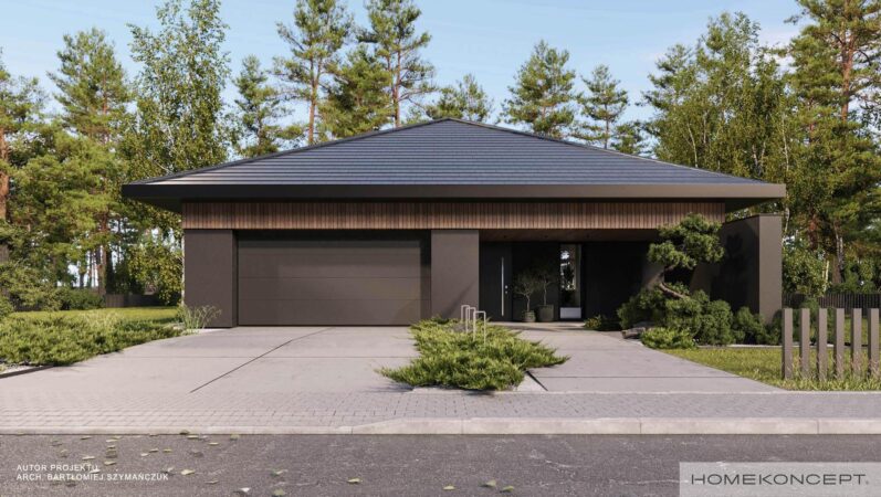 Projekt domu parterowego homekoncept 104 - widok bramy garażowej i frontu.