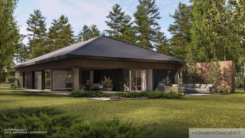 Projekt domu parterowego homekoncept 104 - widok na czterospadowy dach budynku.