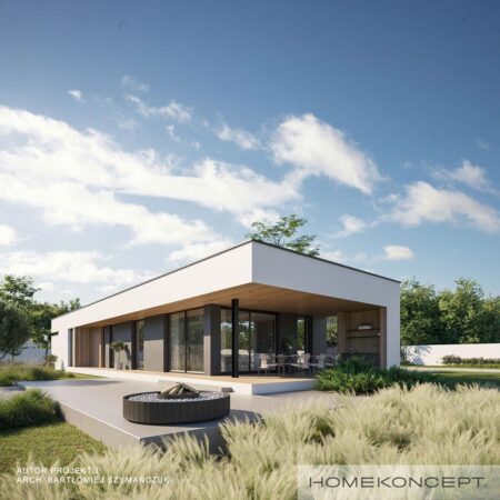 Projekt domu parterowego homekoncept 106 - widok na miejsce wypoczynkowe w ogrodzie.